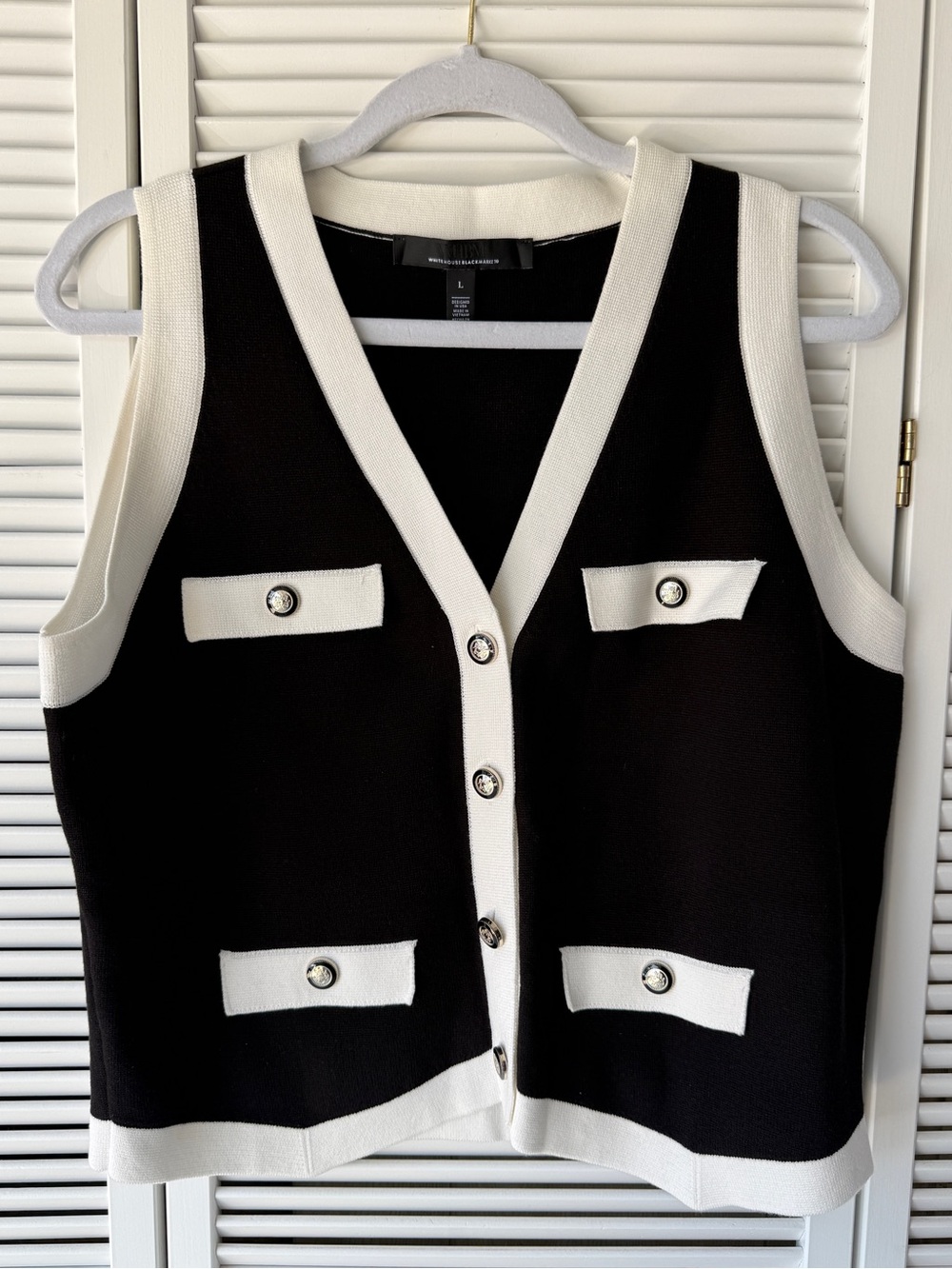 White House Black Market Black and White V-Neck Knit Vest
